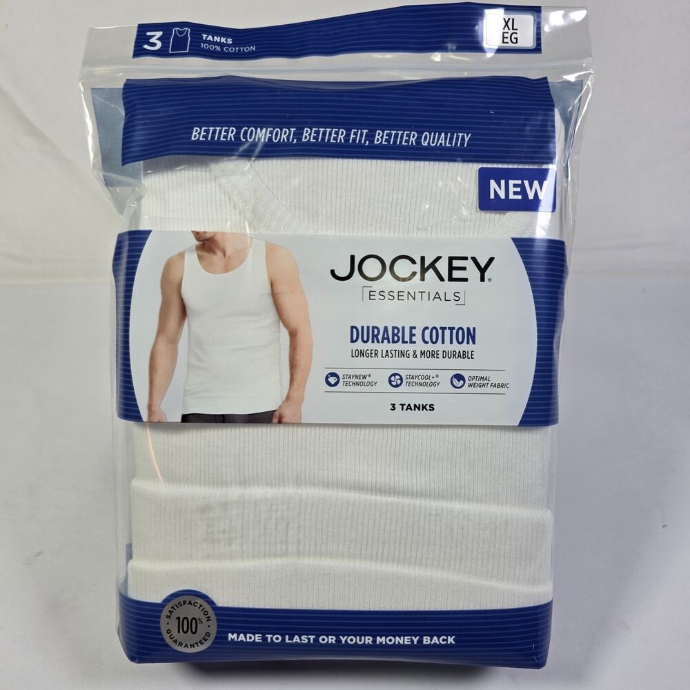 Jockey Essentials Men’s XL 3 Pack White Tank Tops Cotton Durable Undershirts